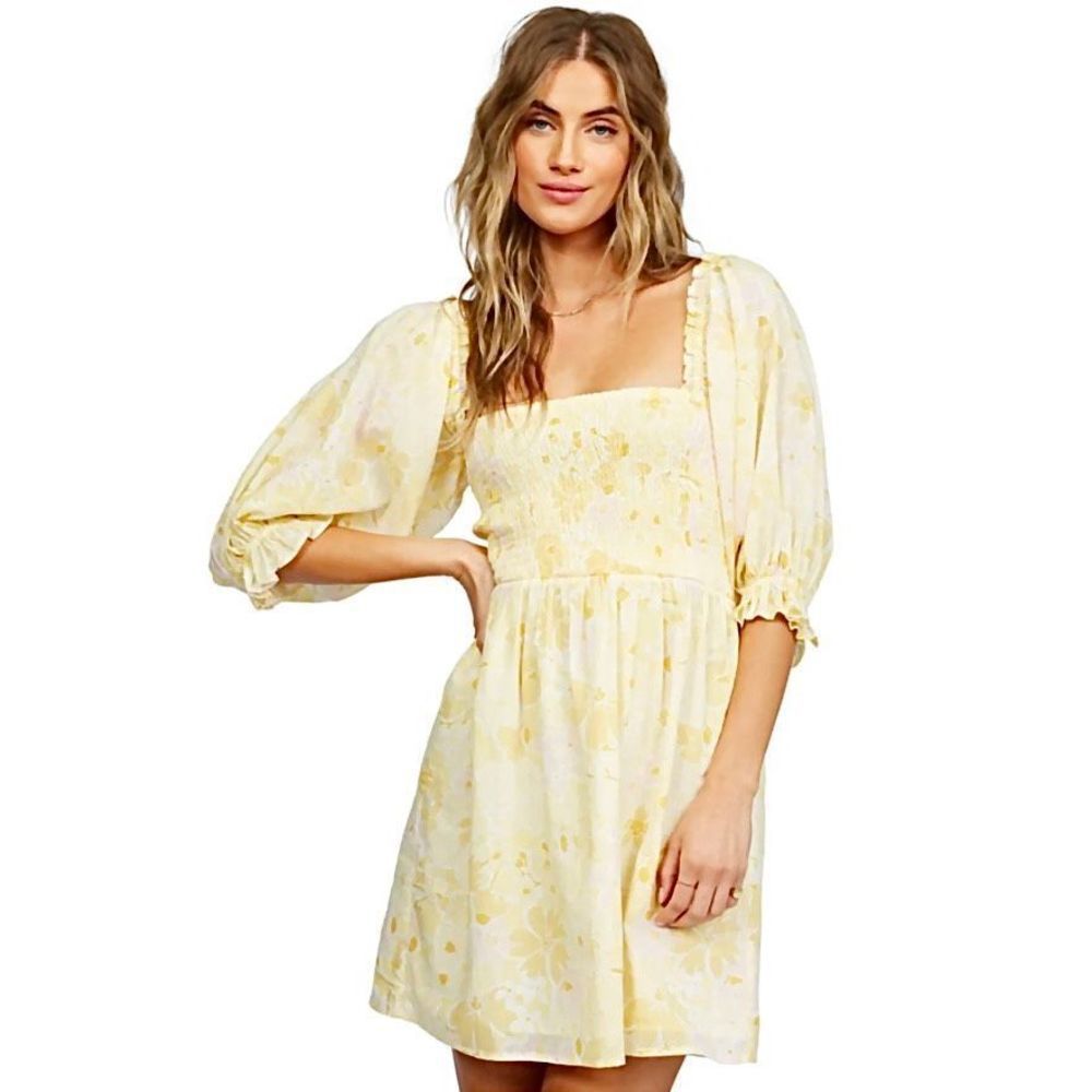 Billabong Women Groovy Yellow Floral Smocked Puff Sleeve Cotton Dress Sz S